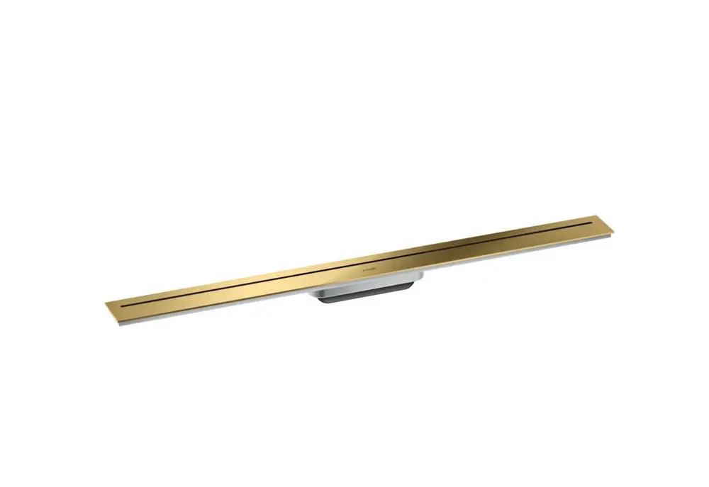 Duschrinne in eleganter goldener Optik, hergestellt von AXOR, mit schmaler Öffnung und flachem Design, geeignet für die Installation in modernen Badezimmern.